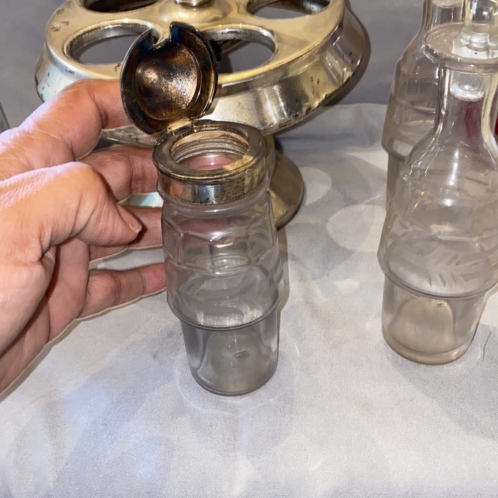 Bx47 5 pc James W Tufts #2928 Antique Castor Cruet Set with (5) frosted bottles - Picture 6 of 9